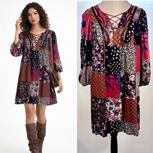ONE SEPTEMBER Anthro Arcata Patchwork Beaded Lace Up Swing Dress Sz Small💛